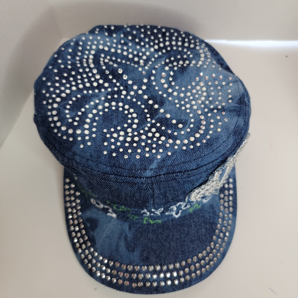 `H25703 NWT Professional Style Splash Denim Rhinestone Fleur De Lis Cadet Caps - Picture 4 of 5